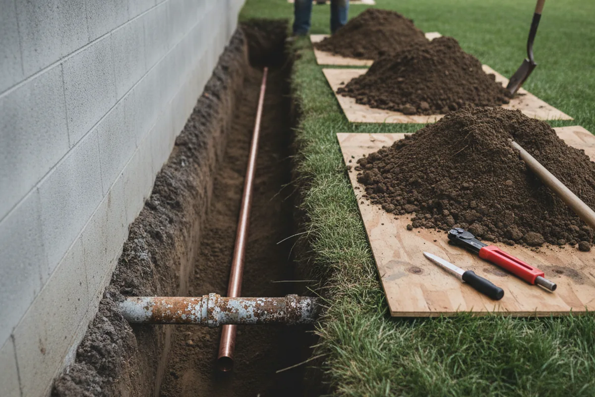Excavated water line trench during Water Softener Installation in Greer